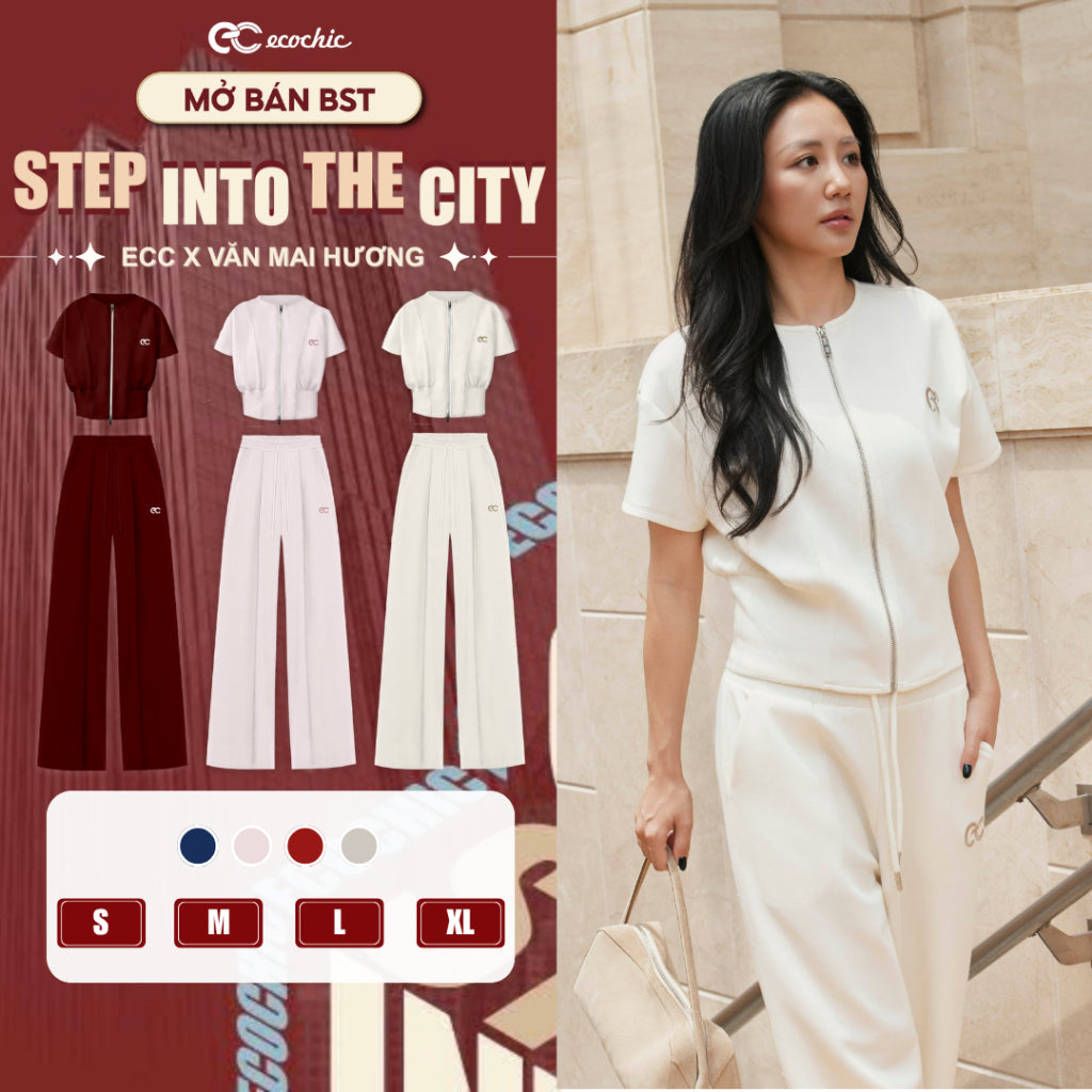 Set Bộ Cổ Tròn Ecochic Áo Crop Ngắn Bo Nhẹ Khoá Kéo Logo Thêu Quần Suông Chất Liệu Cao Cấp Chính Hãng B228