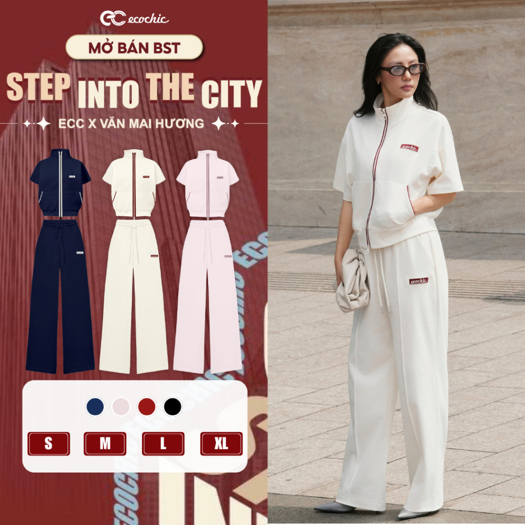 Ecochic 2-Piece Set with Embroidered Logo Crop Top and High-Quality Wide-Leg Pants B230