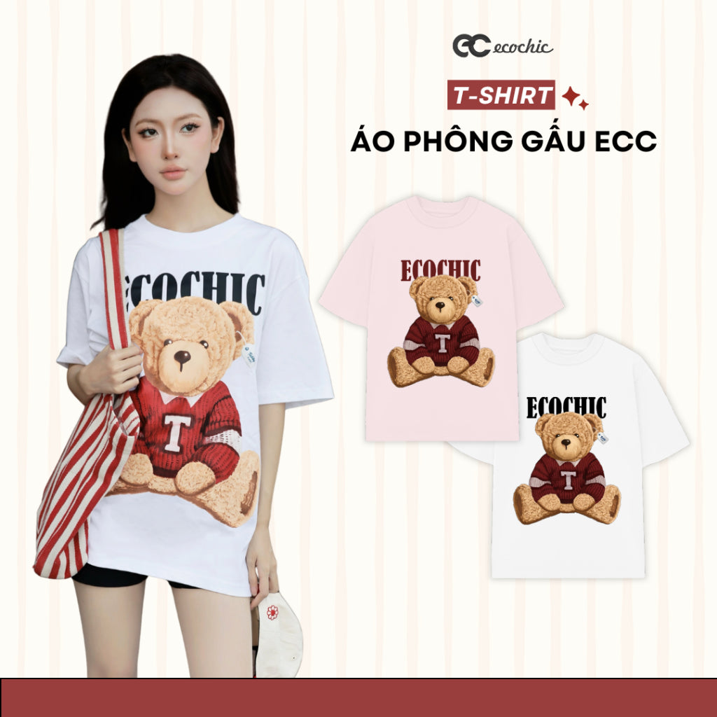 Áo Phông Nữ In Hình Gấu Đỏ ECOCHIC Dễ Thương Tay Ngắn Dáng Rộng Chất Liệu Cao Cấp Chính Hãng B231