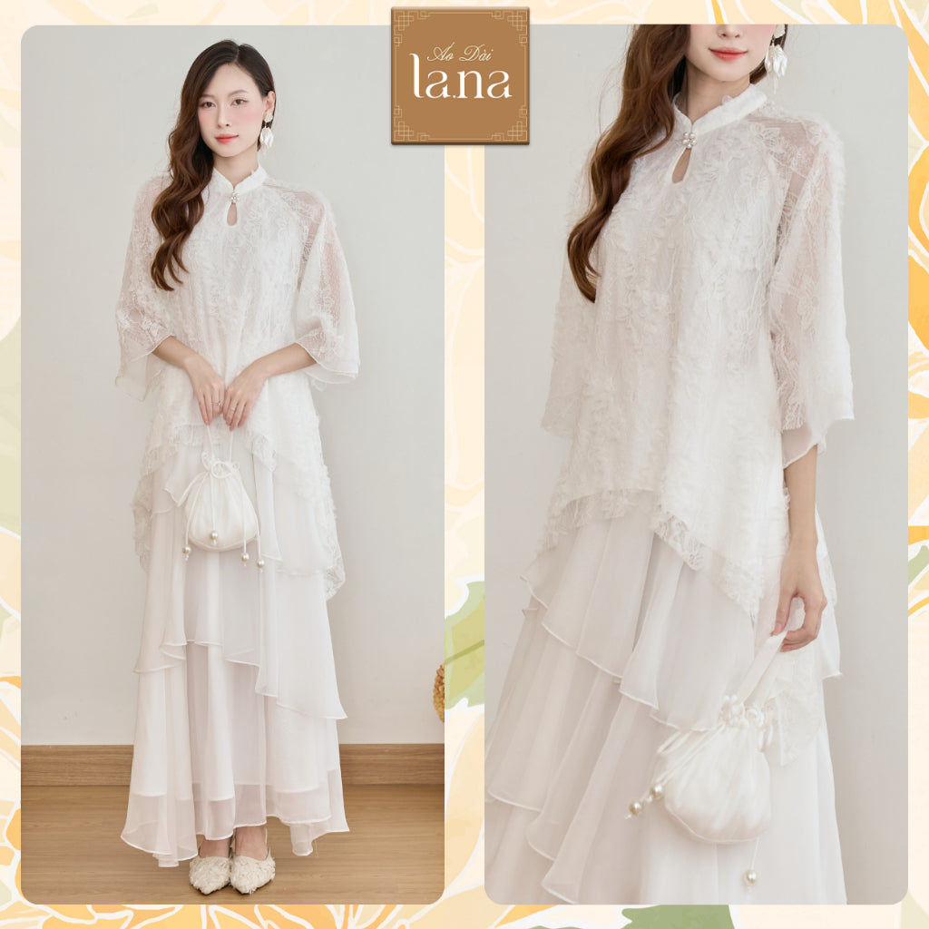 Diem Hoa Modern French Dress – White 3D Floral Lace, Fishtail Straight Shirt with Fluffy 3-Layer Silk Skirt – SV244 LANA DESIGN