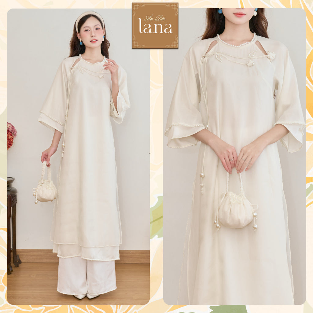 Chi Ngoc silk-mirrored ao dai with unique cut-out shoulder and delicate 3D daisy flower decoration – SD256 LANA DESIGN