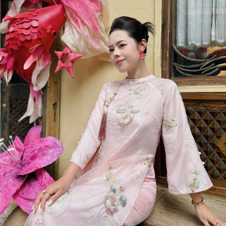 [PRE-ORDER] LINN Design 4-panel Ao Dai with lotus and fish embroidery Ngoc An 