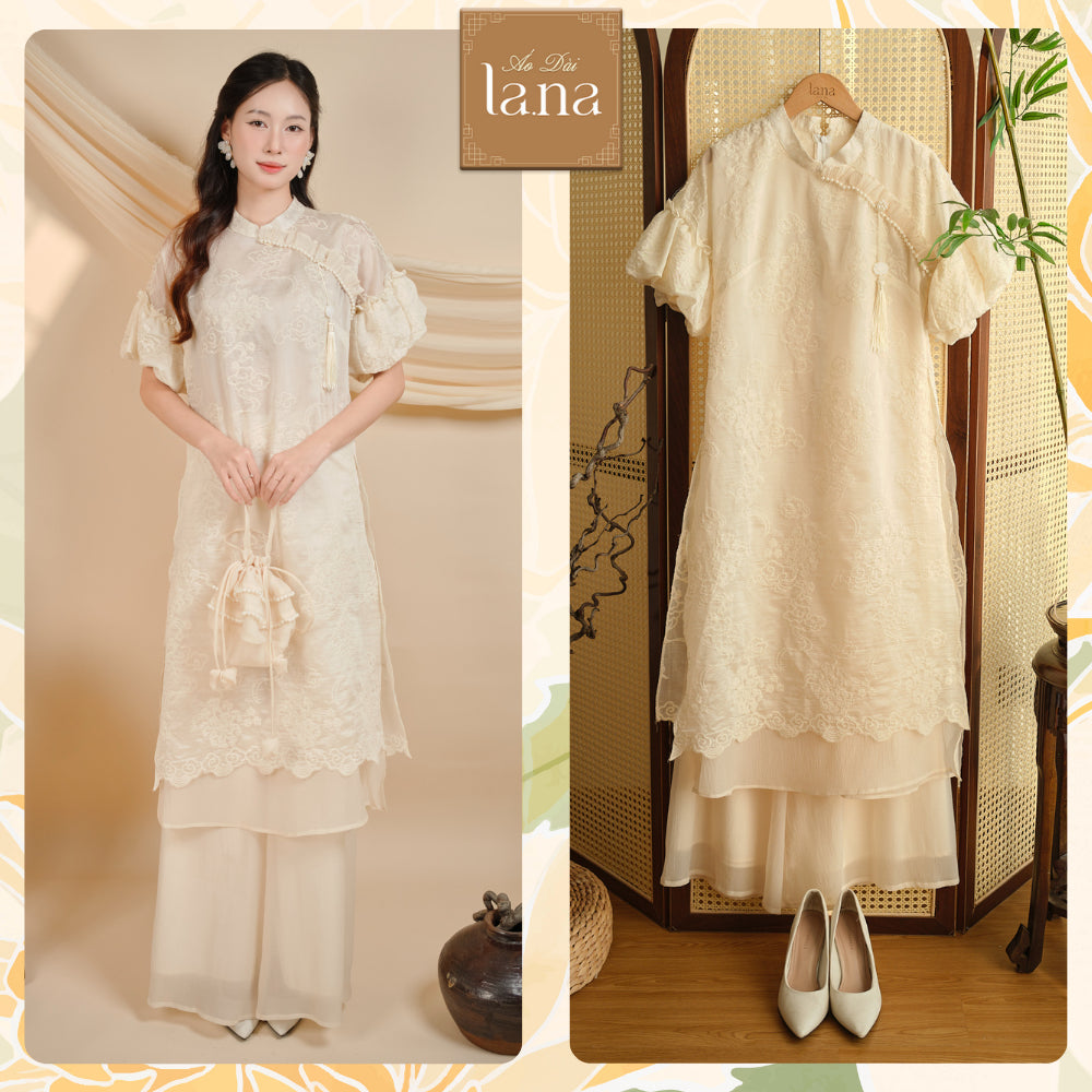 Thien Thu innovative ao dai with boy's silk embroidered with floating cloud patterns, soft, fluffy silk with pearls and charming tassels - SD258 LANA