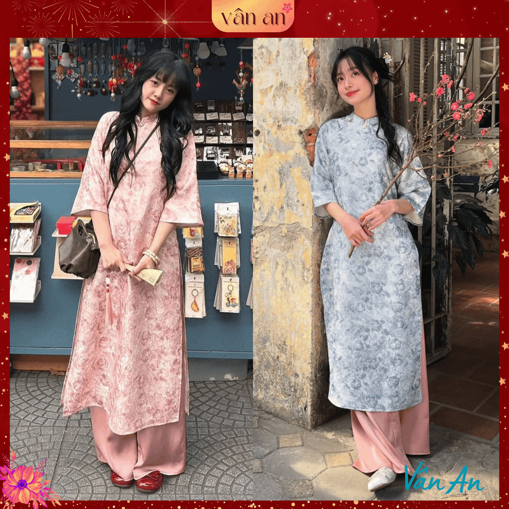 [VAN AN - TET 2026] TRUC LAM Ao Dai - Straight cut, Half sleeves, Two panels - Woven brocade material, floral charm on collar