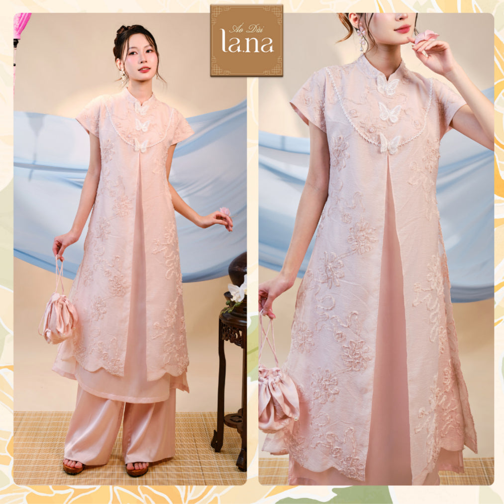 Yen Chi pink ao dai with sophisticated 3D floral pattern, high-quality silk mixed with silk - SD241 LANA DESIGN