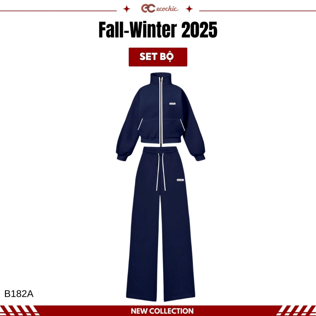 ECOCHIC AURORA GRACE Set 2-Way Zip Polo Shirt with High-Waisted Straight Pants, High Quality Genuine Material B182 