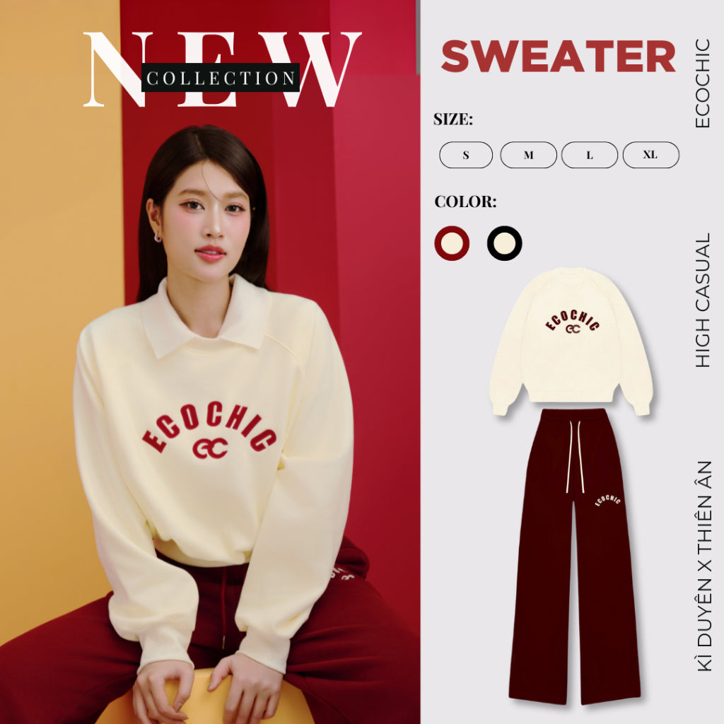 Set Bộ ECOCHIC SILENT LUXE Áo Sweater Quần Suông Dây Rút Phối Logo Chất Liệu Nỉ Hai Da Cao Cấp Chính Hãng B185