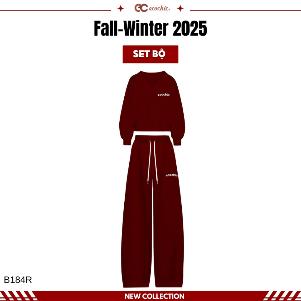 ECOCHIC SILENT LUXE Set Basic V-neck Shirt High-waisted Straight Pants Made of High-Quality Striped Cosy Elastic Fabric, Genuine B184 