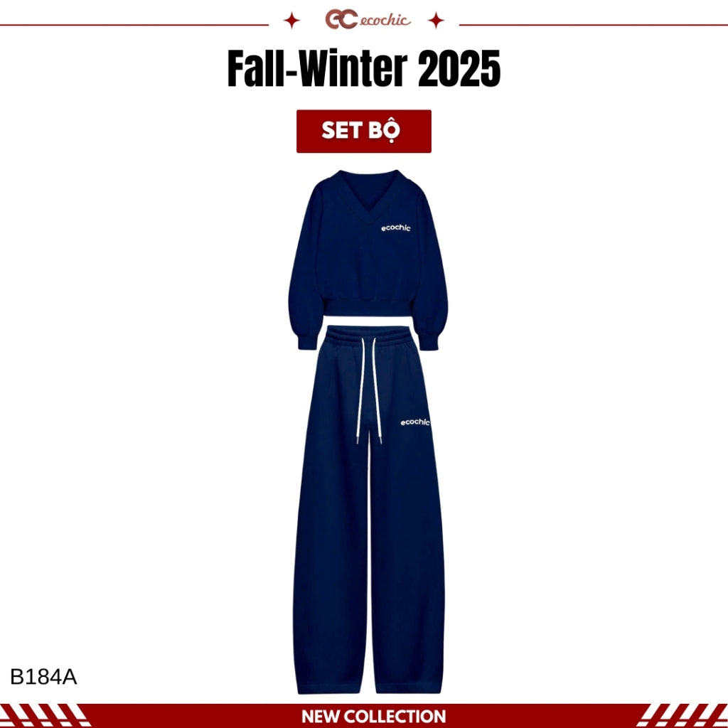 ECOCHIC SILENT LUXE Set Basic V-neck Shirt High-waisted Straight Pants Made of High-Quality Striped Cosy Elastic Fabric, Genuine B184 