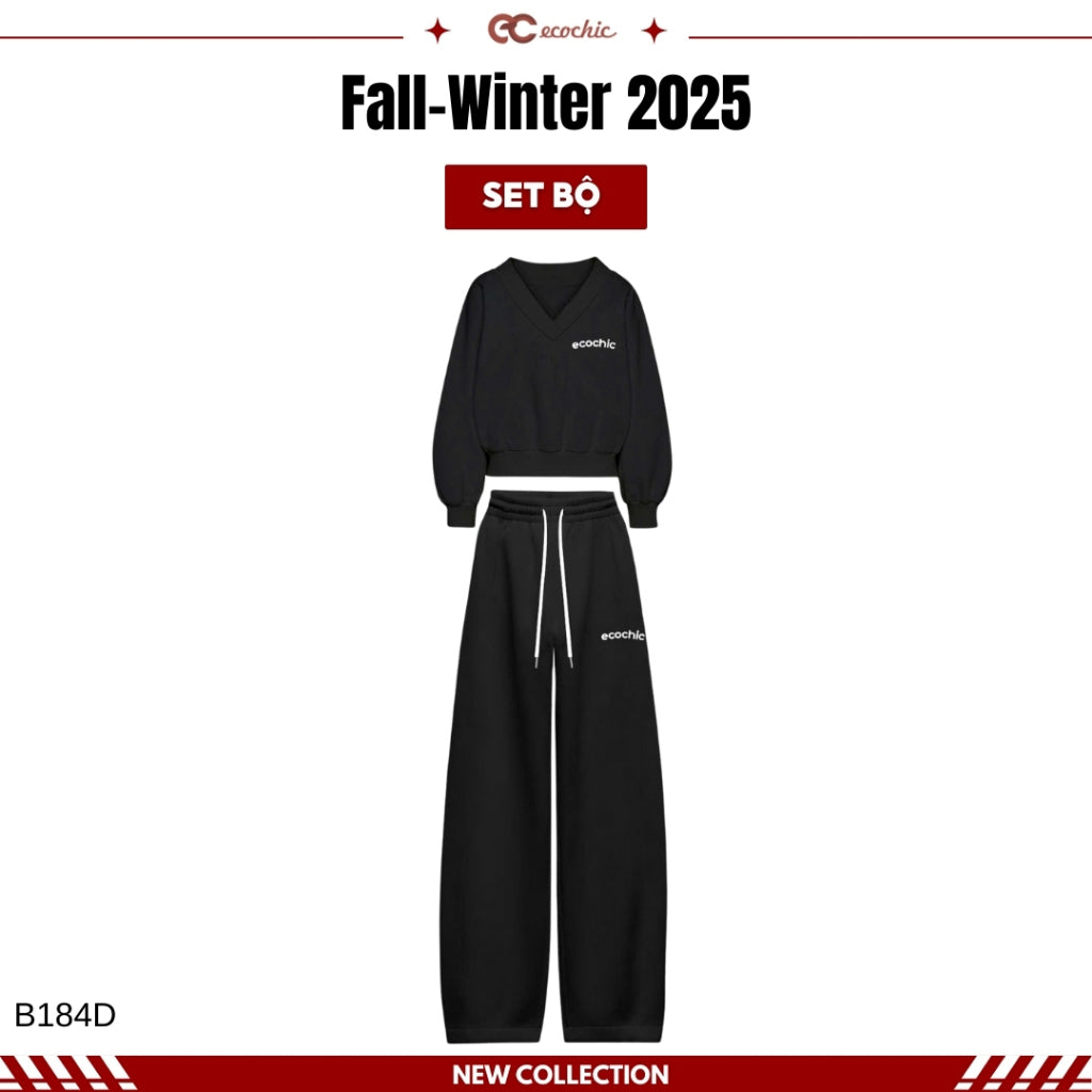 ECOCHIC SILENT LUXE Set Basic V-neck Shirt High-waisted Straight Pants Made of High-Quality Striped Cosy Elastic Fabric, Genuine B184 