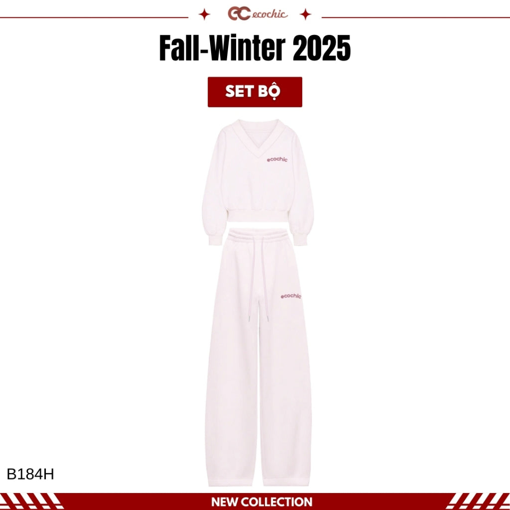 ECOCHIC SILENT LUXE Set Basic V-neck Shirt High-waisted Straight Pants Made of High-Quality Striped Cosy Elastic Fabric, Genuine B184 