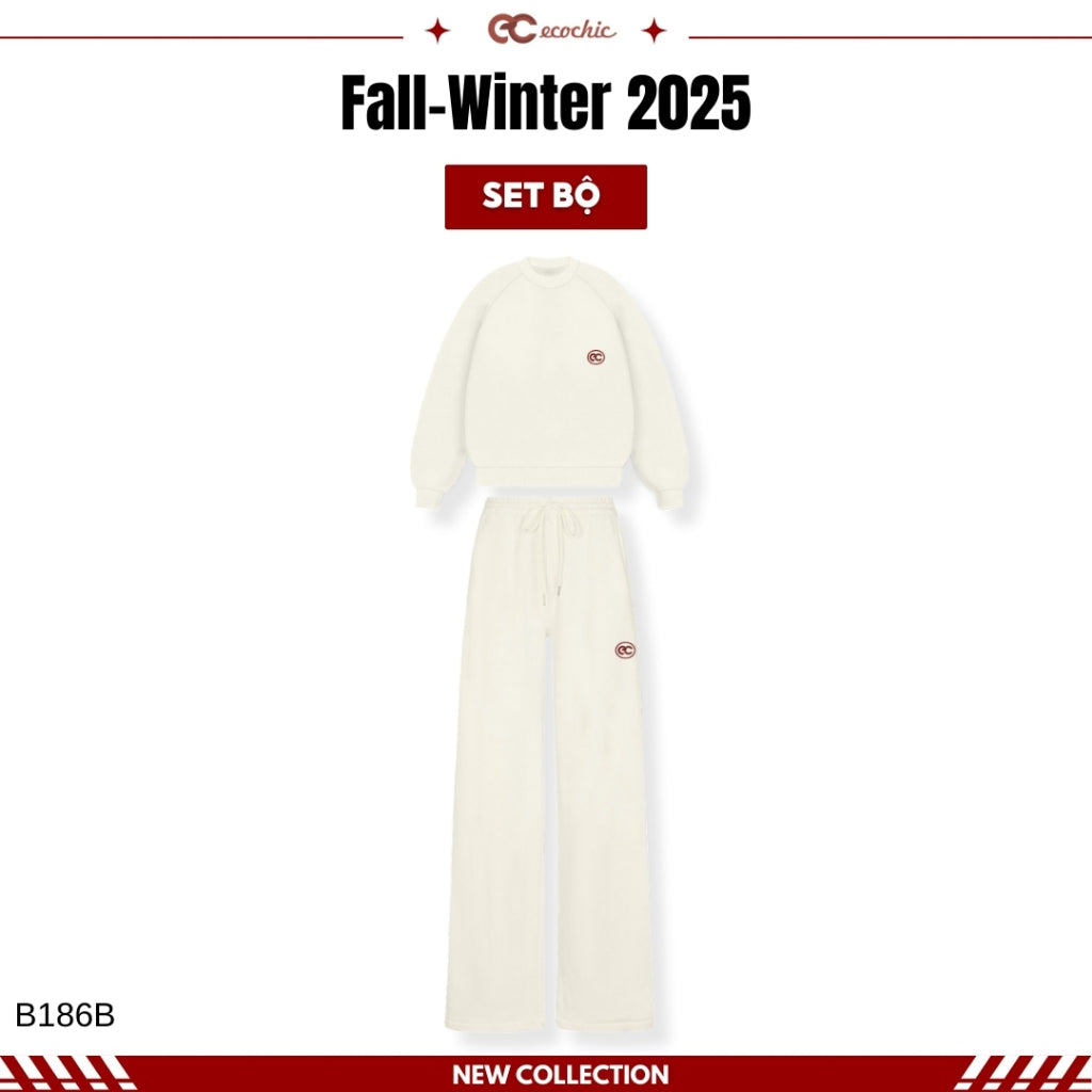 Set of ECOCHIC IVORY FROST Basic Sweater and Drawstring Straight Pants Made of High-Quality Genuine Double-Skin Fleece B186 