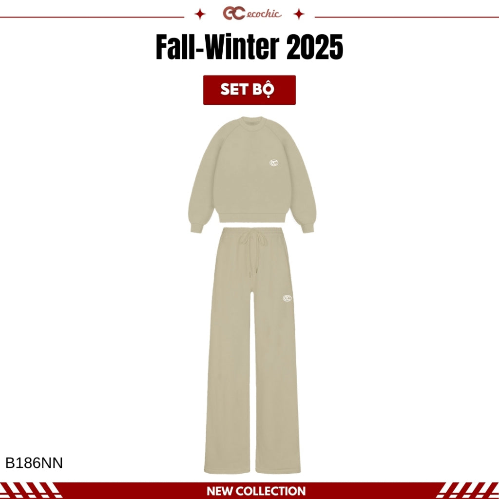 Set of ECOCHIC IVORY FROST Basic Sweater and Drawstring Straight Pants Made of High-Quality Genuine Double-Skin Fleece B186 