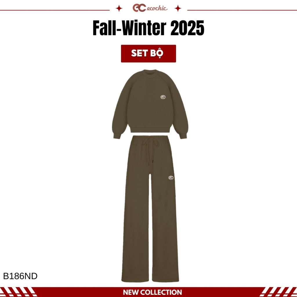 Set of ECOCHIC IVORY FROST Basic Sweater and Drawstring Straight Pants Made of High-Quality Genuine Double-Skin Fleece B186 