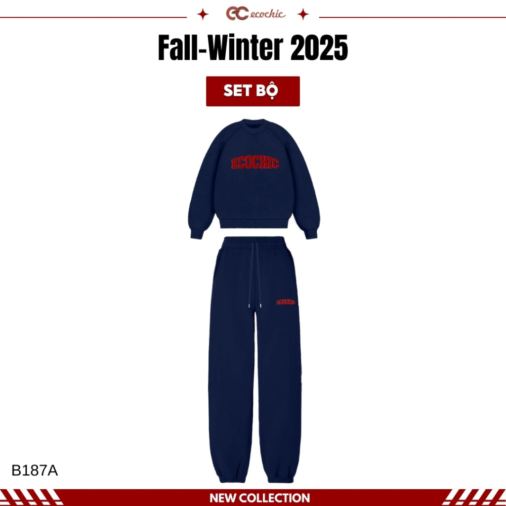 ECOCHIC CRIMSON WINTER Set Sweater with Logo on Chest, Jogger Pants with Hem, Genuine High Quality Double-Layer Fleece Material B187 