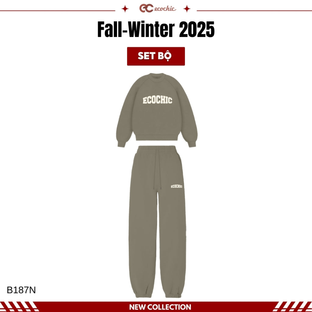 ECOCHIC CRIMSON WINTER Set Sweater with Logo on Chest, Jogger Pants with Hem, Genuine High Quality Double-Layer Fleece Material B187 