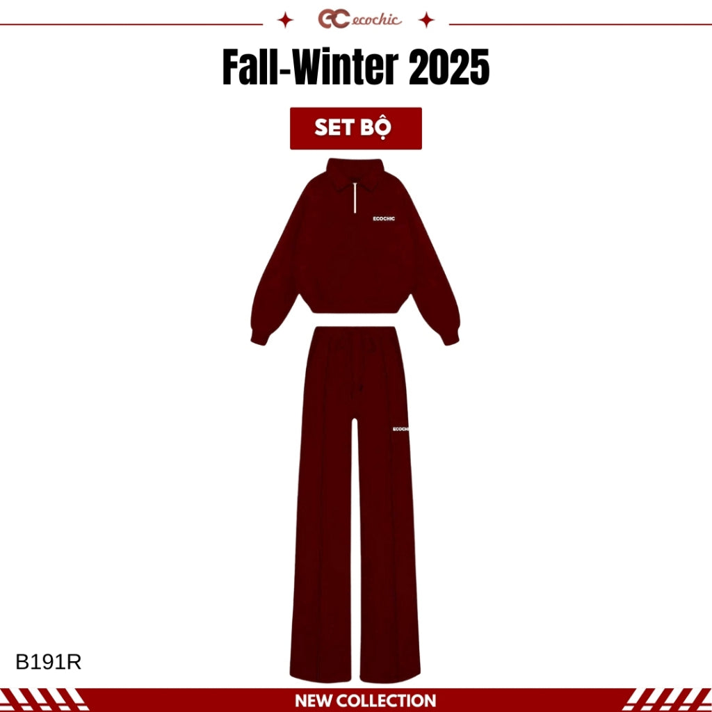 ECOCHIC ETERNAL WINTER Set Halfzip Crop Shirt High-Waisted Drawstring Straight Pants Genuine High-Quality Xiaomi Fabric B191 