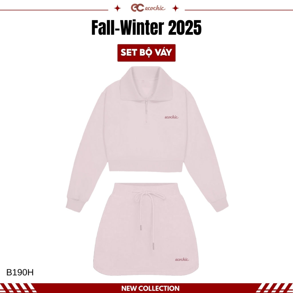 ECOCHIC FROST WHISPER Dress Set Long Sleeve Crop Top with Drawstring Skirt Made of Genuine High Quality Plain Rayon Fabric B190 