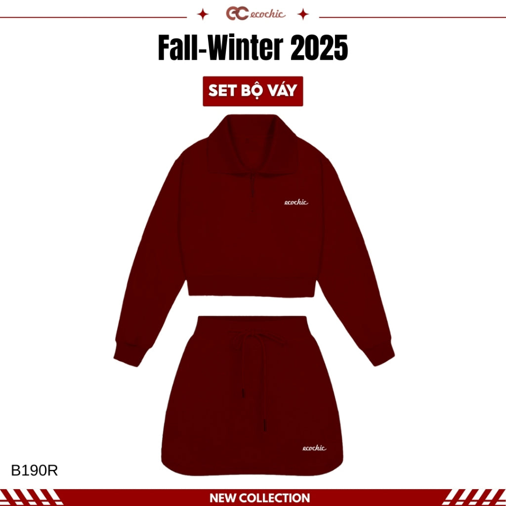 ECOCHIC FROST WHISPER Dress Set Long Sleeve Crop Top with Drawstring Skirt Made of Genuine High Quality Plain Rayon Fabric B190 