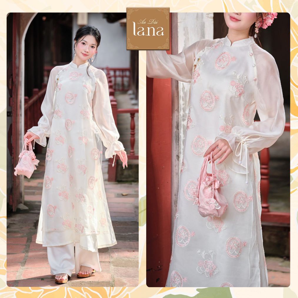 Ngoc Tien modernized ao dai in pink beige with delicate daffodil embroidery, high-quality silk mixed with glass – SD360 LANA DESIGN