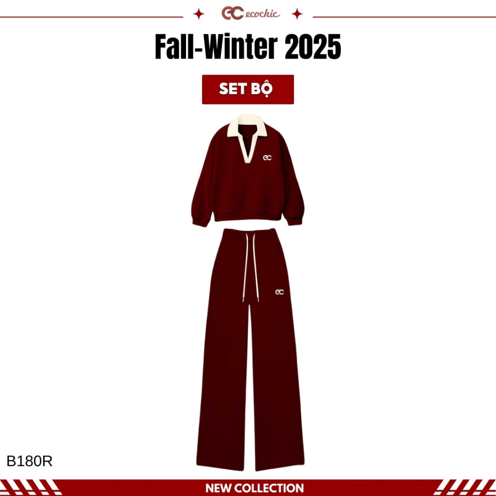 ECOCHIC WINTER REVERIE Set V-neck Polo Shirt and Straight-Leg Pants Made of High-Quality Manba Cotton, Genuine B180 