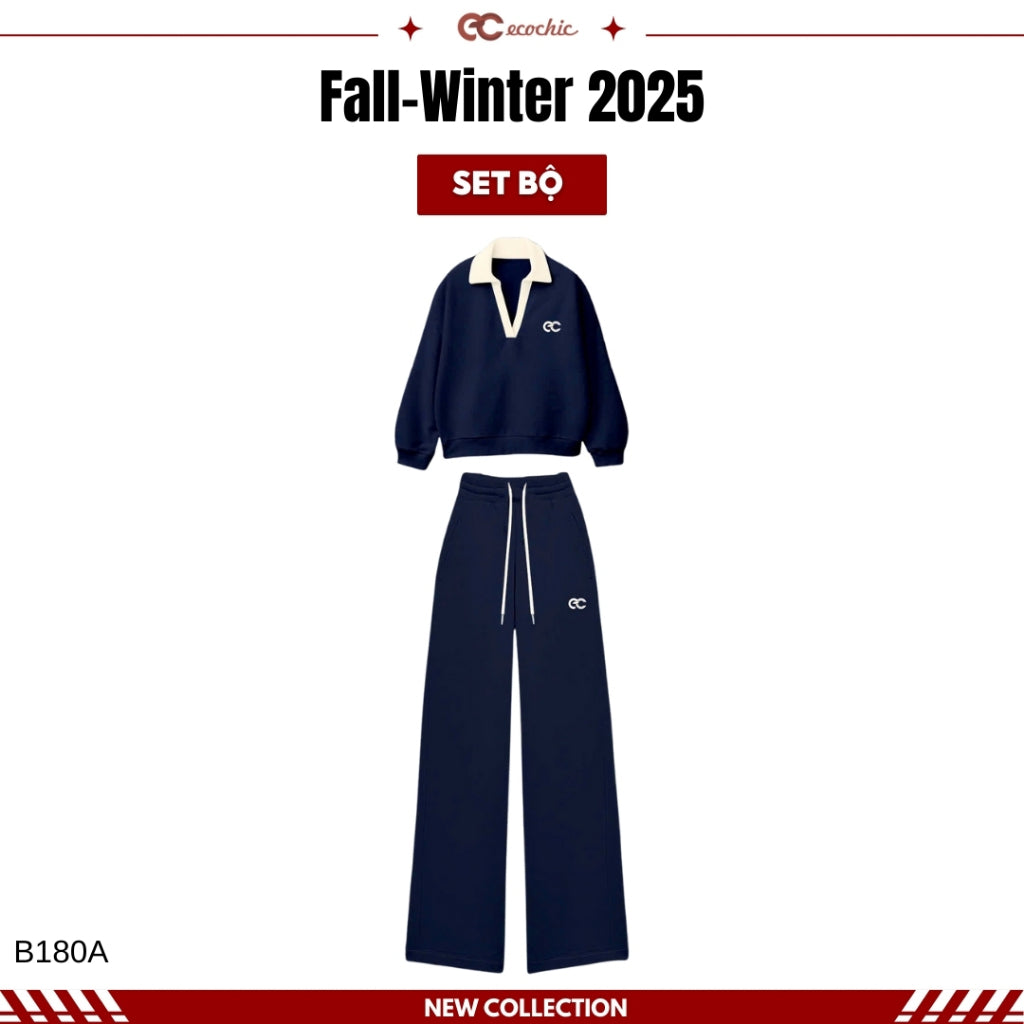 ECOCHIC WINTER REVERIE Set V-neck Polo Shirt and Straight-Leg Pants Made of High-Quality Manba Cotton, Genuine B180 