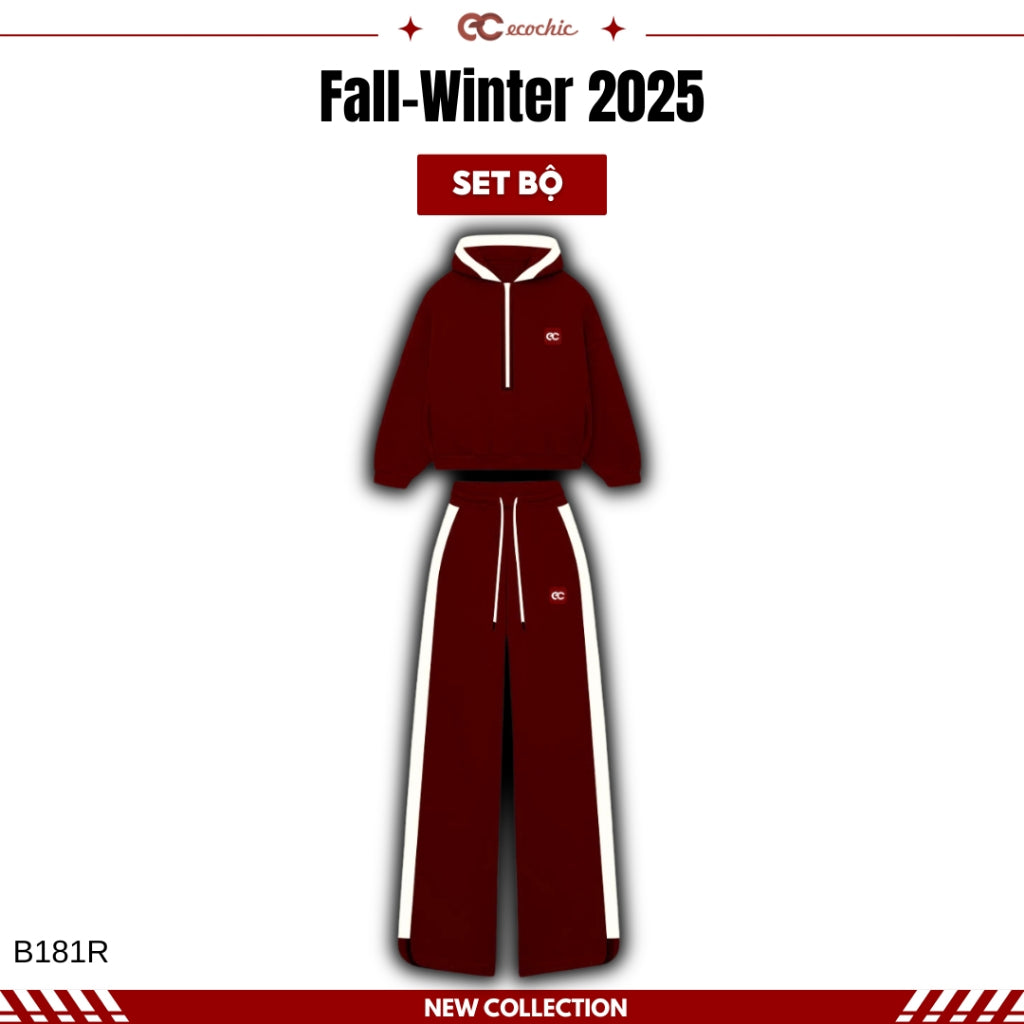 ECOCHIC MIDNIGHT Set Halfzip Hoodie, Drawstring Straight Pants, Linen, High Quality Manba Cotton, Genuine B181 