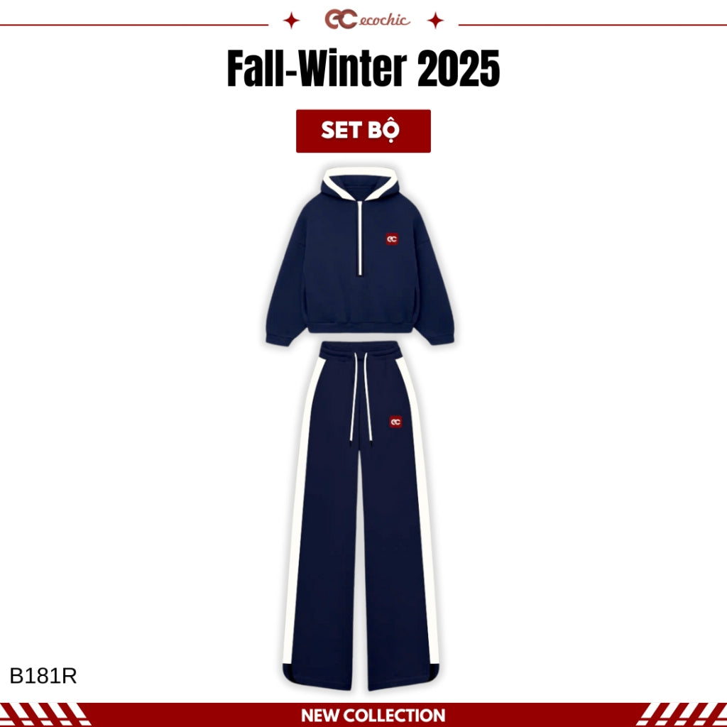 ECOCHIC MIDNIGHT Set Halfzip Hoodie, Drawstring Straight Pants, Linen, High Quality Manba Cotton, Genuine B181 