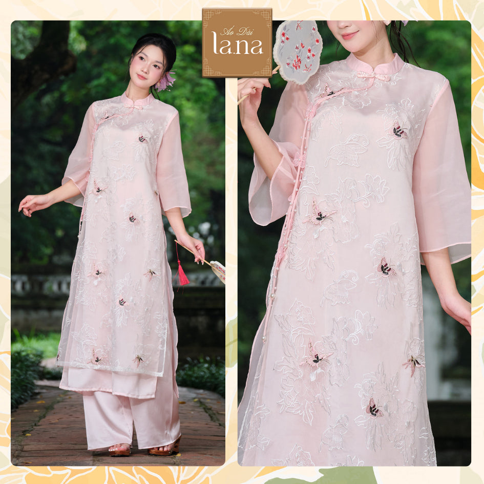 Thien Diep women's ao dai with delicately embroidered butterfly and flower motifs, made of silk mixed with pink and white satin silk - SD279 LANA DESIGN