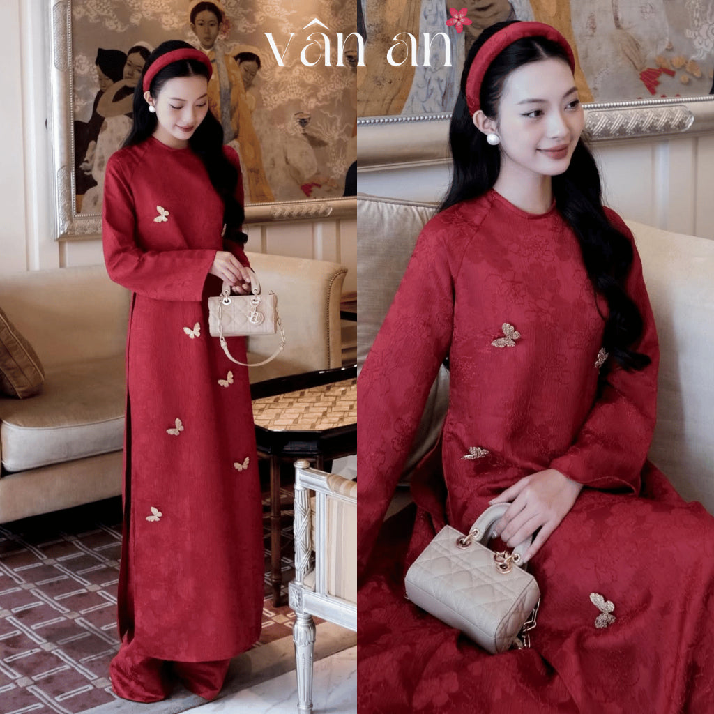 [VAN AN - TET 2026] LAM YEN Ao Dai - Straight Fit, Long Sleeves - Woven Floral Chau Sa Brocade Material, Charms on the Hem