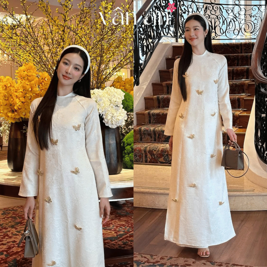 [VAN AN - TET 2026] LAM YEN Ao Dai - Straight Fit, Long Sleeves - Woven Floral Chau Sa Brocade Material, Charms on the Hem