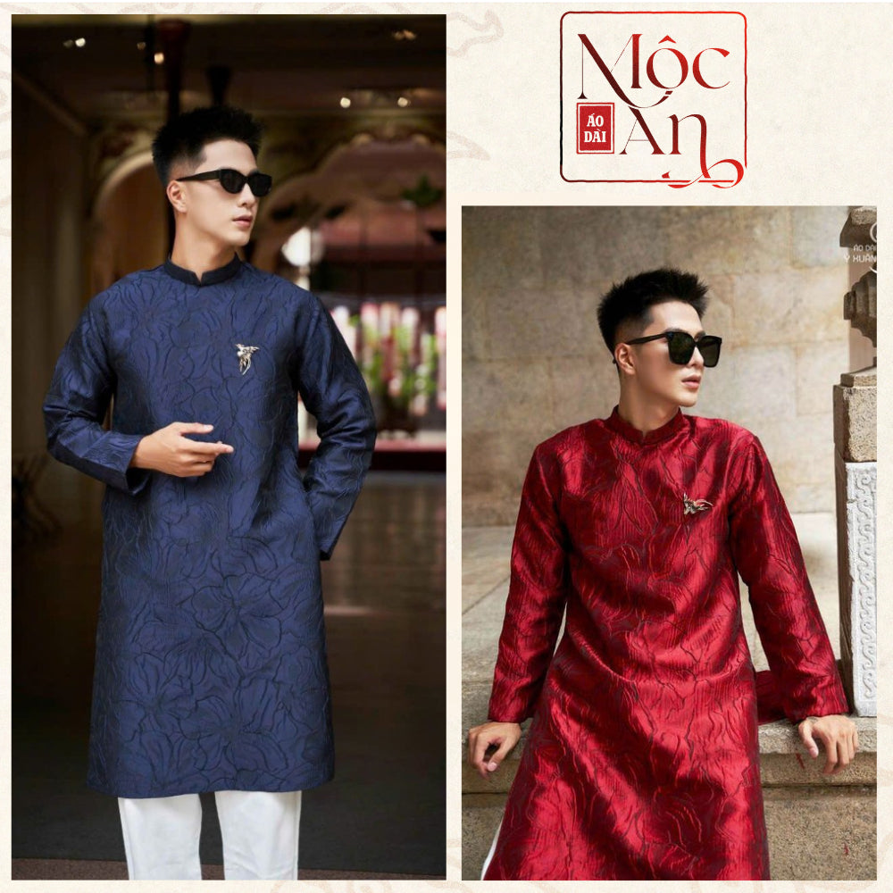 Modernized Men's Ao Dai Dress, Brocade Fabric with Lily Flower Pattern, Back Zipper, Square Shoulder Shape, and Shoulder Pads. 