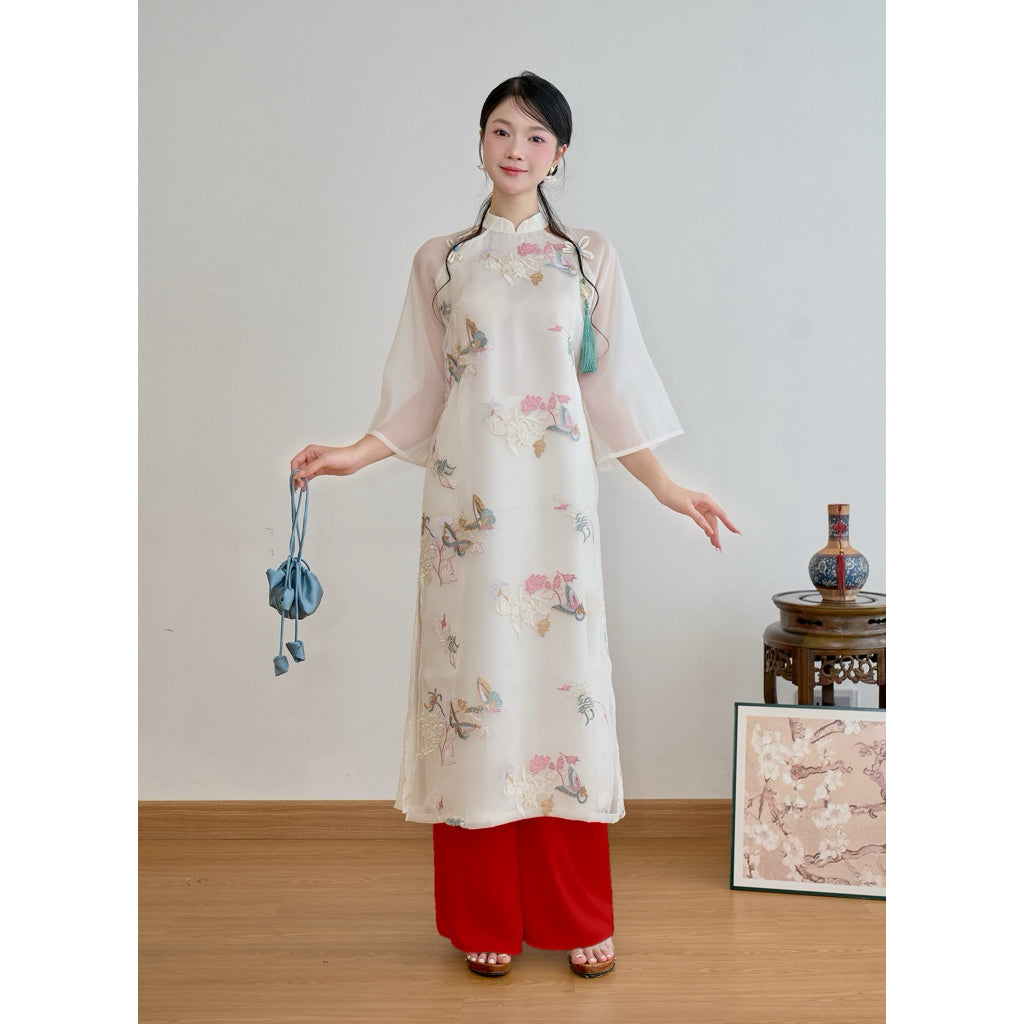 Phung Diep 4-panel modernized ao dai with glass silk and high-quality silk embroidered with delicate butterflies and flowers - SD375 LANA DESIGN