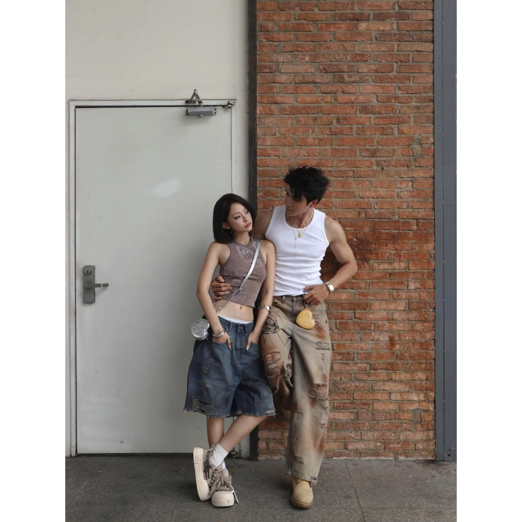 DirtyCoins Double Knee Shorts Distress Blue Wash