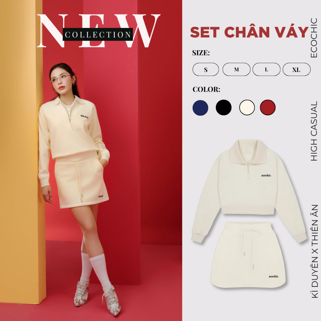 Set Bộ Váy ECOCHIC FROST WHISPER Áo Crop Dài Tay Phối Chân Váy Dây Rút Chất Liệu Vải Rayon Trơn Cao Cấp Chính Hãng B190
