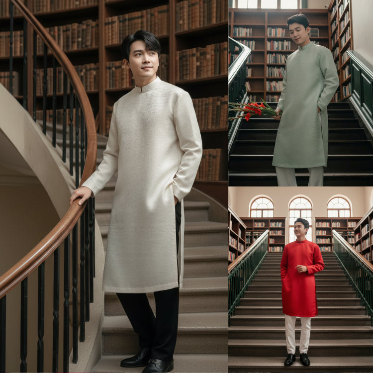 Modernized Men's Ao Dai made of TAFTA fabric with a metallic sheen, square shoulder design, stiff back zipper closure, and padded shoulder pads for a very sharp look. 