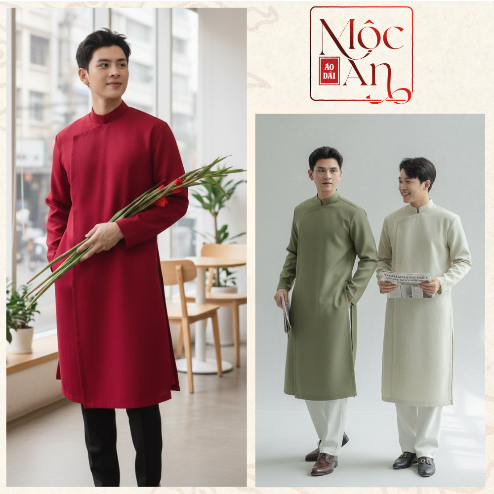 [Men's Ao Dai - Tet 2026] Modernized Men's Ao Dai, Salt and Pepper Fabric, Diagonal Button Closure, Square Shoulder Shape with Shoulder Pads 