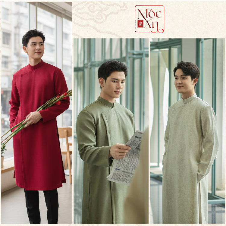 [Men's Ao Dai - Tet 2026] Modernized Men's Ao Dai, Salt and Pepper Fabric, Diagonal Button Closure, Square Shoulder Shape with Shoulder Pads 