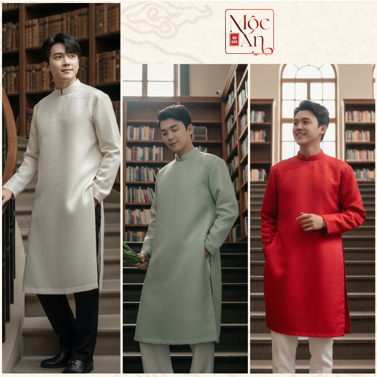 Modernized Men's Ao Dai made of TAFTA fabric with a metallic sheen, square shoulder design, stiff back zipper closure, and padded shoulder pads for a very sharp look. 