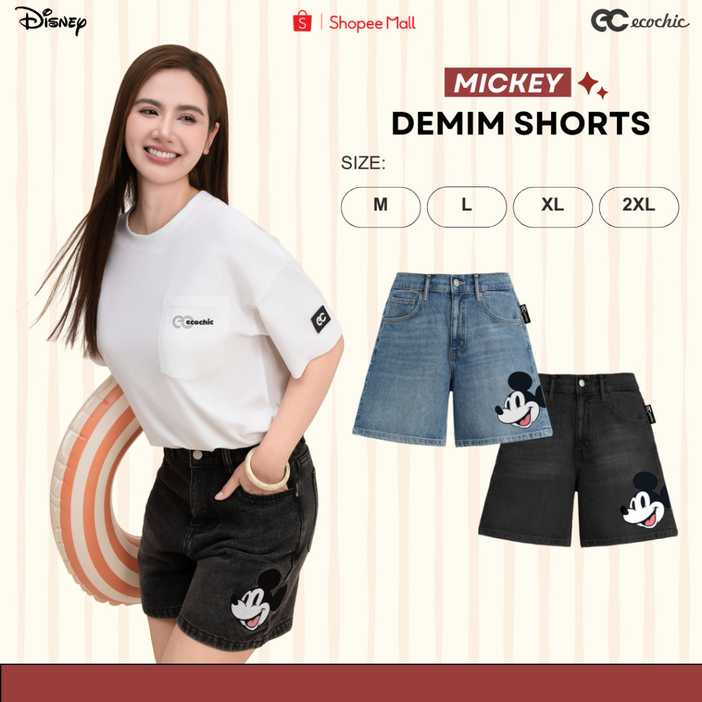 Quần Đùi Shorts Denim ECOCHIC MICKEY Jeans Nam Nữ Màu Phai Cao Cấp Hàng Chính Hãng Bản Quyền Disney JD02