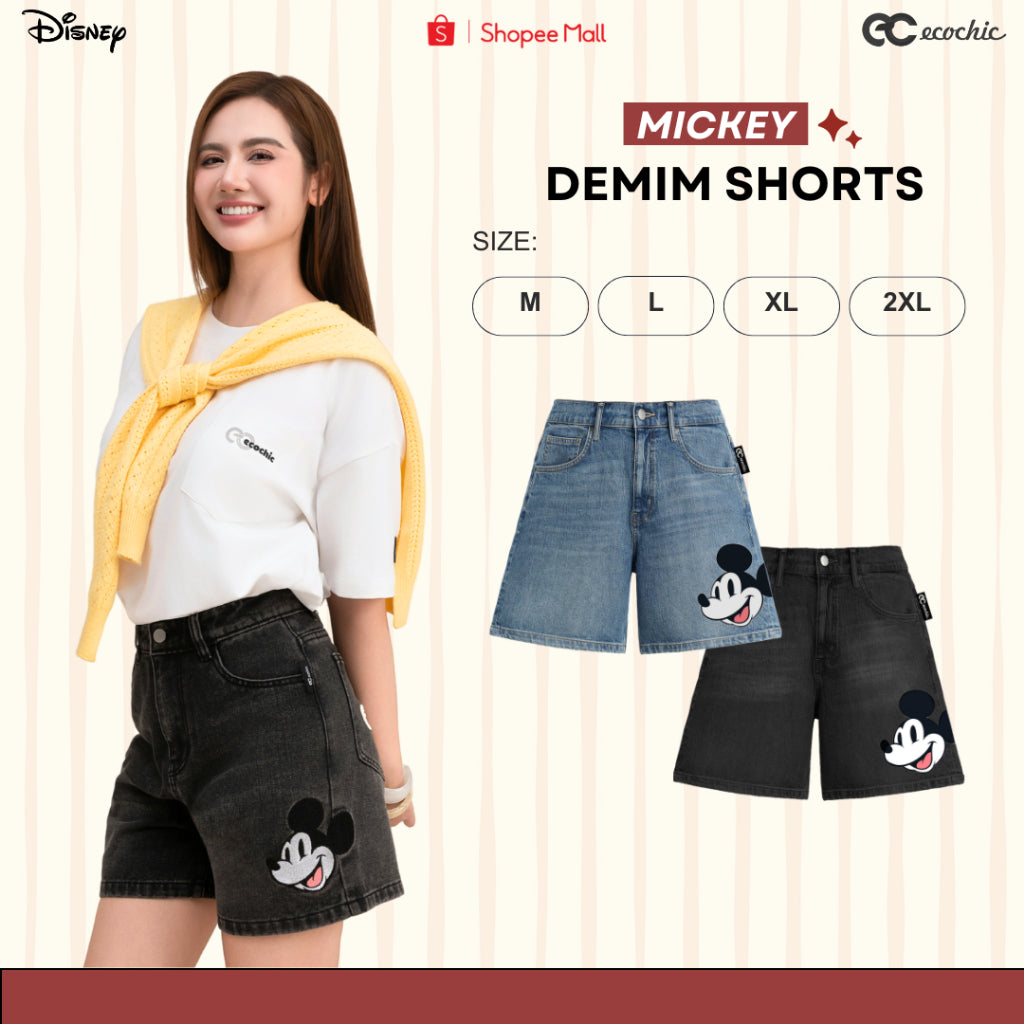 Quần Đùi Shorts Denim ECOCHIC MICKEY Jeans Nam Nữ Màu Phai Cao Cấp Hàng Chính Hãng Bản Quyền Disney JD02