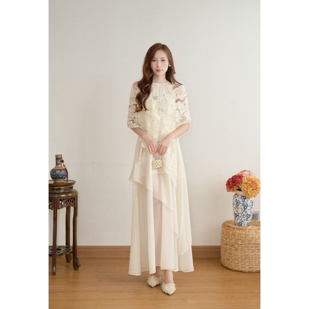 Set of dress designed with Ngoc Tram's silk halter neckline and floral lace, delicate 2-layer form, and light, fluttering scarf - V406 LANA DESIGN