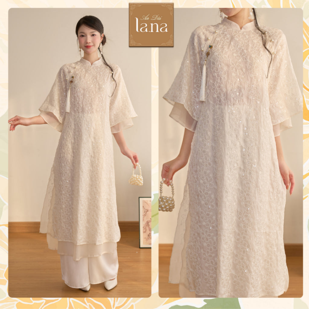 Dieu Phuong modernized ao dai set, high-class straight form, 4 panels with pearl buttons and luxurious embossed flowers - SD283 LANA DESIGN