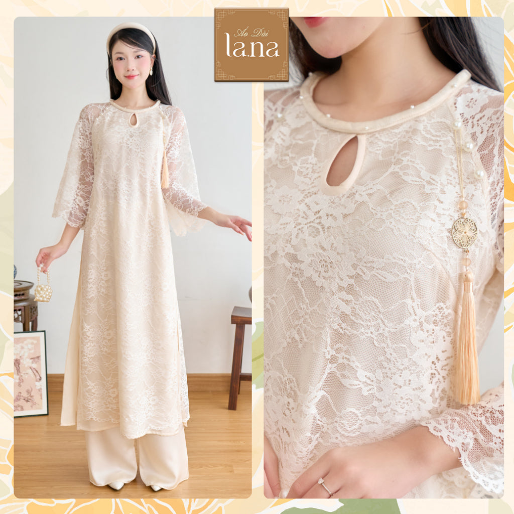 Dien Khue modernized ao dai with feminine straight shape, high-quality cream white floral lace - SD382 LANA DESIGN
