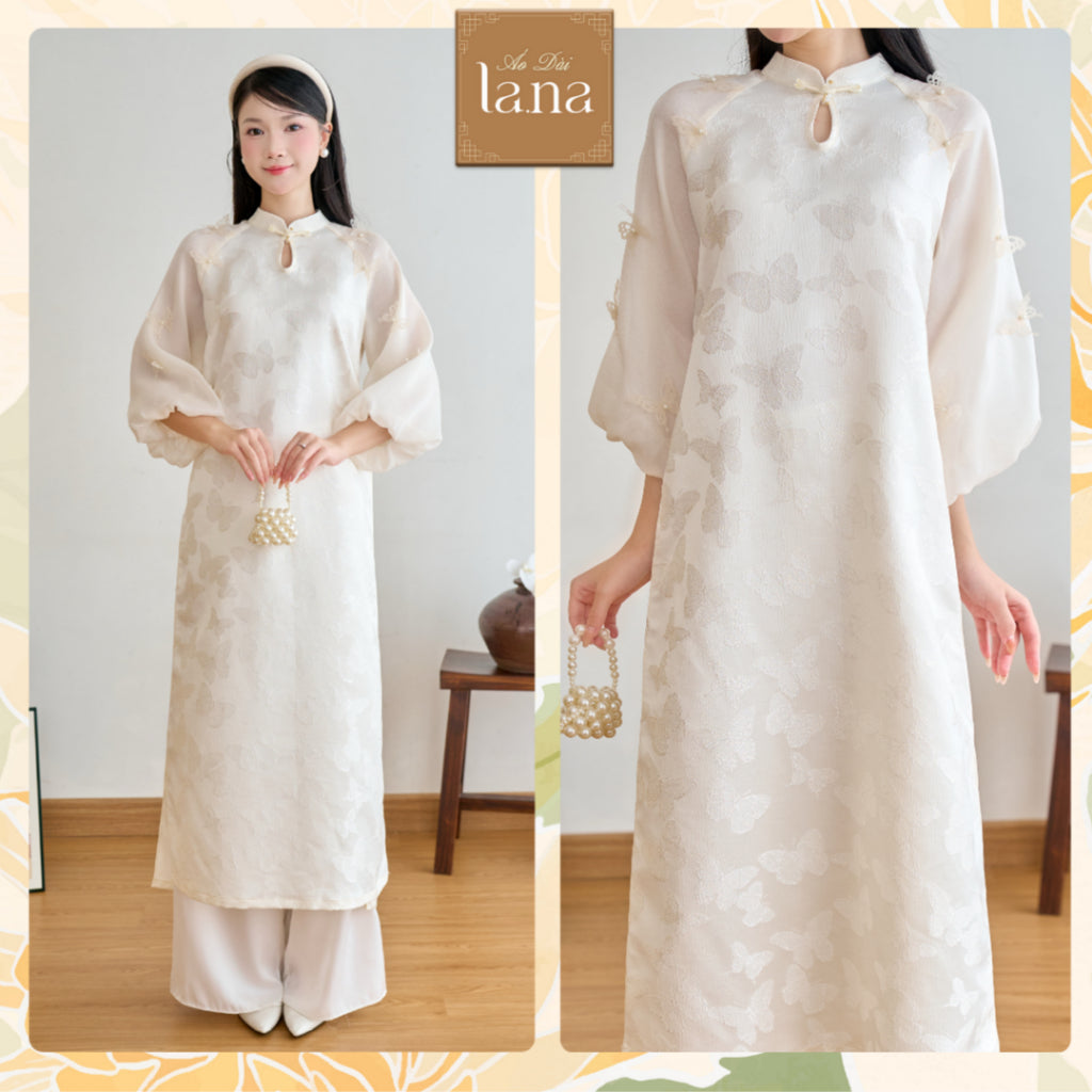 Cream white Tinh Nghi brocade ao dai with puffy sleeves, straight fit, 2 innovative panels, butterfly motifs and silk mixed with glitter - SD384 LANA DESIGN