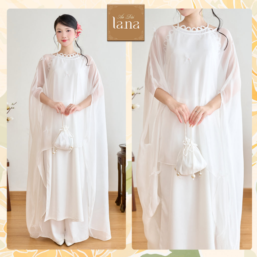 Bach Tuong Van's innovative 2-panel silk ao dai with butterflies and handmade pearls, combined with a cape - SD397 LANA DESIGN