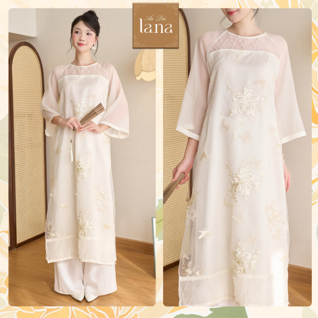 Ngoc Huyen innovative women's ao dai with straight form, daisy pattern with butterfly attachment, silk fabric with embossed flower embroidery and mirror silk - SD271 LANA DESIGN