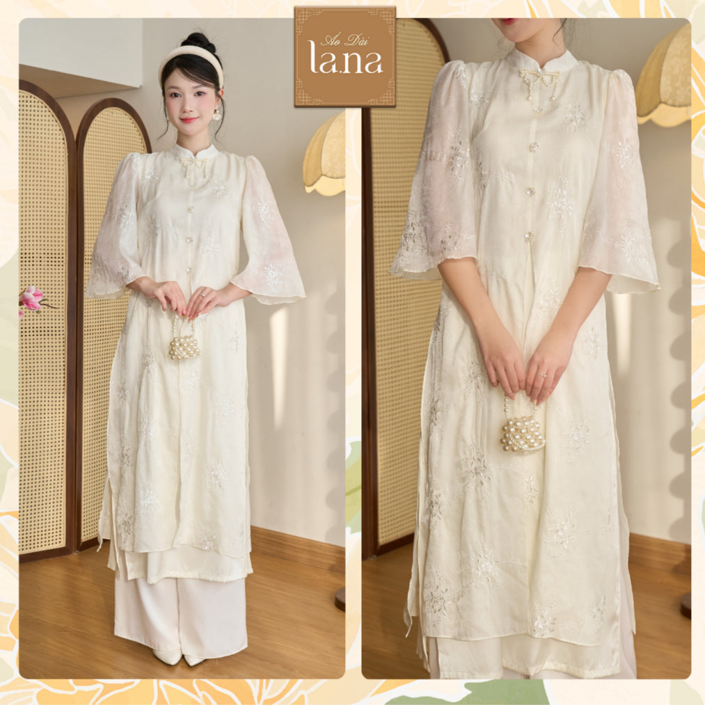 Han Tuyet's innovative ao dai with a front slit design, diamond silk fabric, hand-embroidered roses and embossed pearl chrysanthemums - SD275 LANA DESIGN