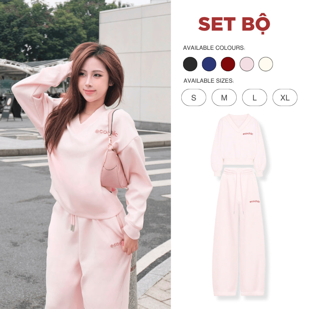 (LINK SALE) Set Bộ ECOCHIC SILENT LUXE Áo Cổ Tim Basic Quần Suông Cạp Cao Chất Liệu Vải Thun Cosy Sọc Chính Hãng B184