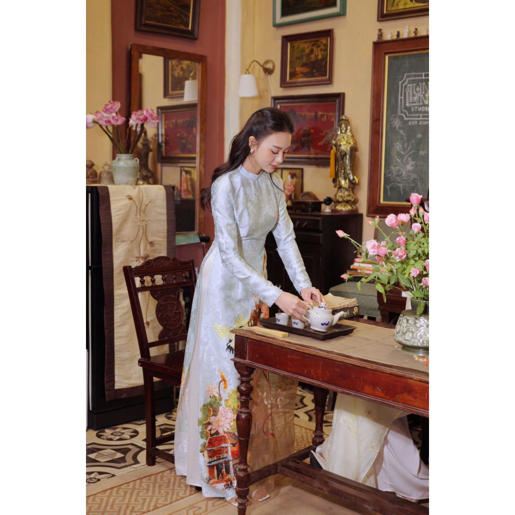 Áo dài cách tân AD248 - QD044 dáng ôm tay dài phối tà rộng mềm mại